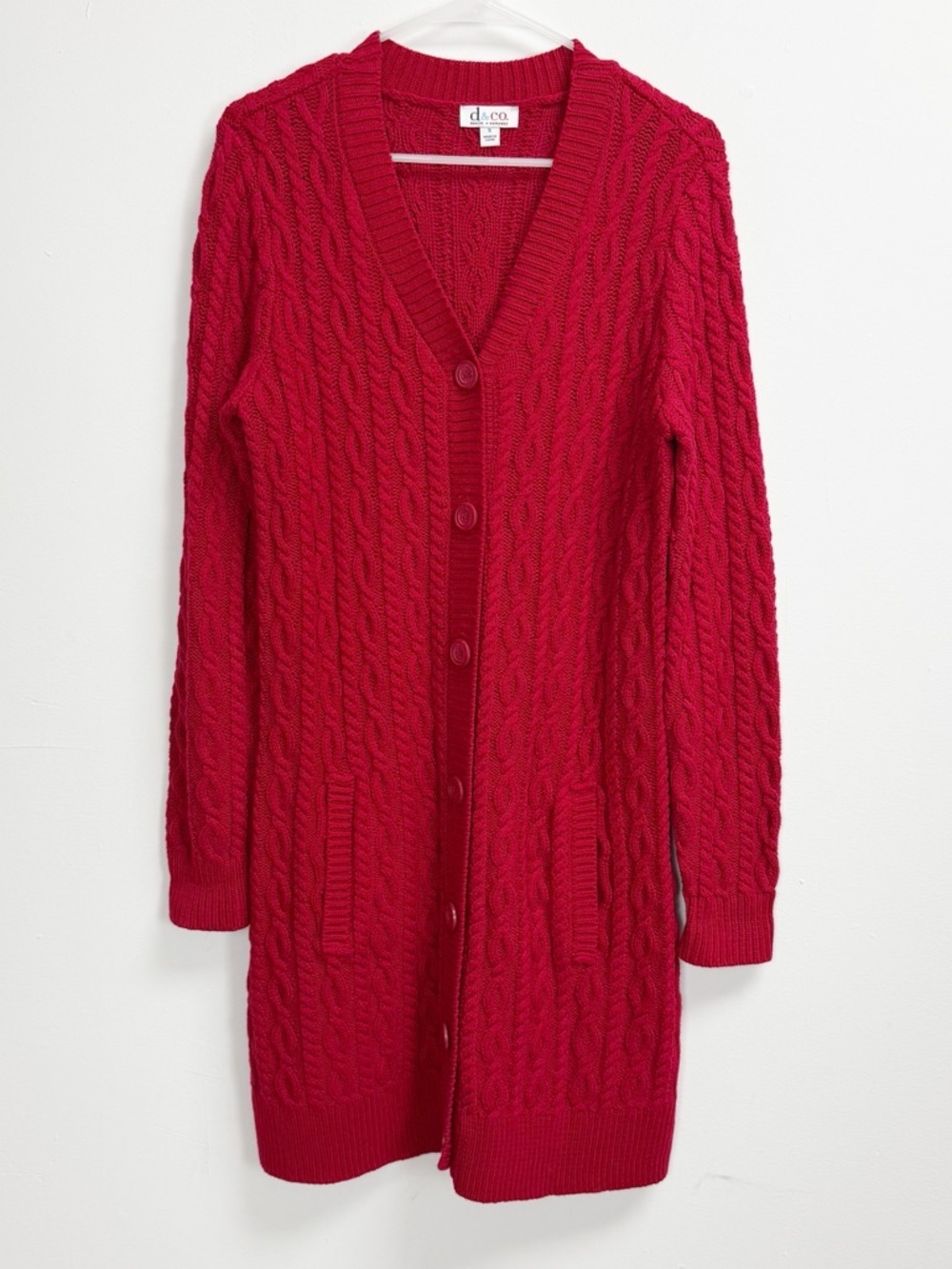 D&Co Long Cardigan Sweater Womens Small Red Cableknit Long Sleeve VNeck